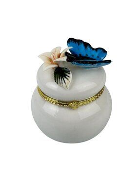 Trinket Box Blue Butterfly Flower Top Hinged White Ceramic Vintage Read